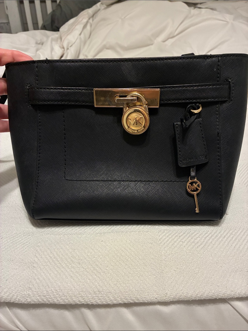 Michael Kors Black Saffiano Satchel with Gold Hardware and Charm